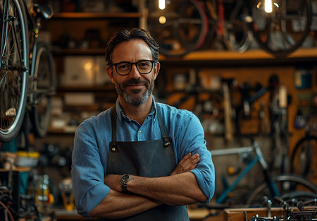 Portrait of mature man in apron standing with arms crossed in bicycle repair shopの素材