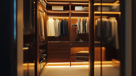 Closet with clothes in modern dressing room. 3d renderingの素材