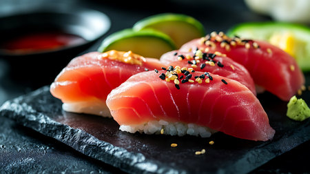 Sushi set with salmon, tuna and avocado on black slate plate.の素材