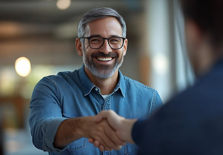 Smiling mature businessman shaking hands with his colleague in office. Handshake conceptの素材