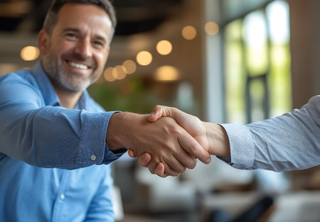 Close-up of businessman shaking hands with colleague in office. Successful business conceptの素材