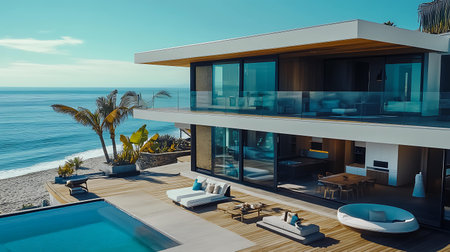 3d rendering of modern cozy house on the beach with swimming poolの素材