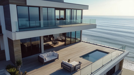 3d rendering of modern house exterior with swimming pool and sea viewの素材