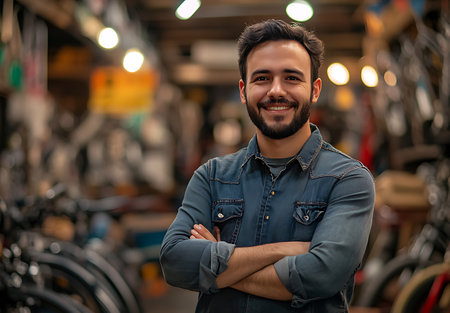 Portrait of a smiling young man standing with arms crossed in a bicycle shopの素材