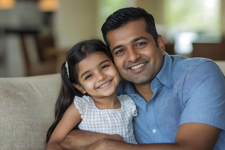 Portrait of happy Indian father and daughter sitting on sofa at homeの素材