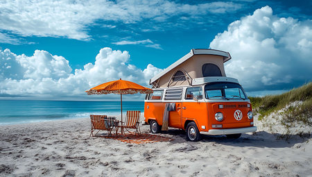 Vintage camper van on the beach with chairs and umbrellasの素材