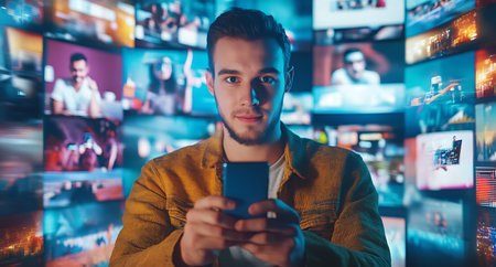 Portrait of young man using mobile phone while standing in front of TV screenの素材