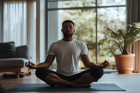 Relaxed african american man meditating in lotus pose at homeの素材