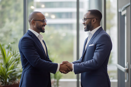Two african american businessmen shaking hands in office. Successful business partners greeting each other with handshake. Partnership conceptの素材