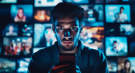 Portrait of a young man using a smartphone in a dark roomの素材
