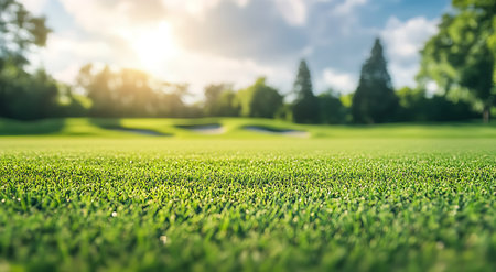 Golf course, green grass and blue sky with sunflareの素材