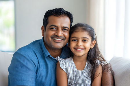 indian father and daughter smiling at camera in living room at homeの素材