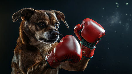 Boxer dog in red boxing gloves on dark background. Mixed mediaの素材