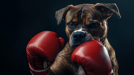 Boxer dog with red boxing gloves on black background. Studio shot.の素材