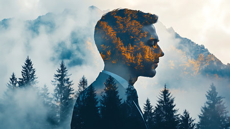 Double exposure of a man in front of a mountain landscape with fogの素材