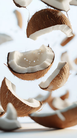 Pieces of coconuts falling on white background, closeupの素材