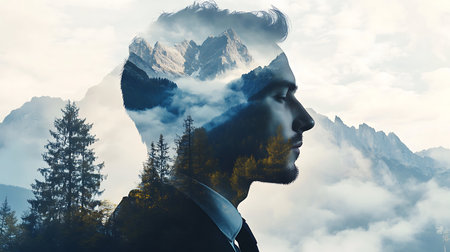 Double exposure of a man on a background of mountains and clouds.の素材