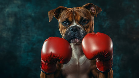 Boxer dog with red boxing gloves on dark background, studio shot.の素材