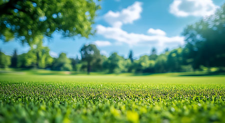 Close up of green grass in a golf course with blurry background.の素材