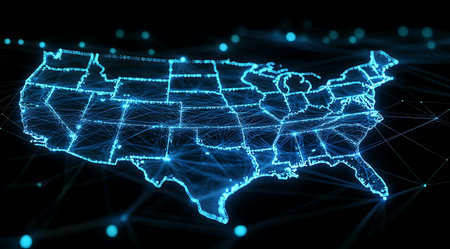 Map of USA with glowing lines and dots on dark background 3D renderingの素材
