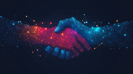 Handshake of business partners with polygonal connection lines and dots on dark blue background. Concept of partnership and cooperationの素材