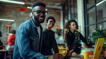 Cheerful african-american man in glasses using laptop while sitting in coworking spaceの素材
