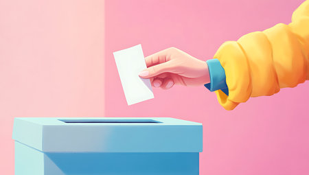 Person putting voting paper into a ballot box. 3d illustration.の素材