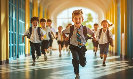 Happy schoolboy running in corridor of school. Smiling schoolboy running in corridor.の素材