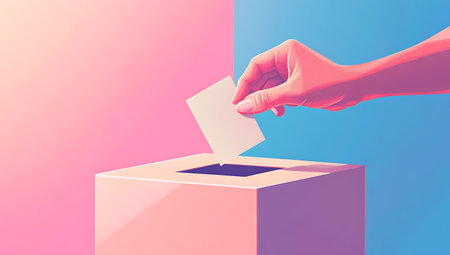 Hand putting voting paper in the ballot box. 3d illustration.の素材