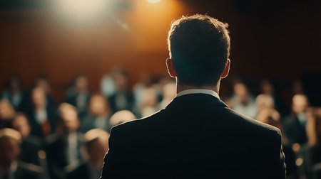 Businessman looking at the audience at the conference hall. Rear view.の素材