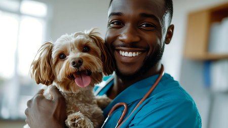 smiling african american veterinarian with cute dog at vet clinicの素材