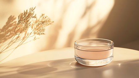 Glass bowl with cosmetic product on table in sunlight. 3d renderの素材