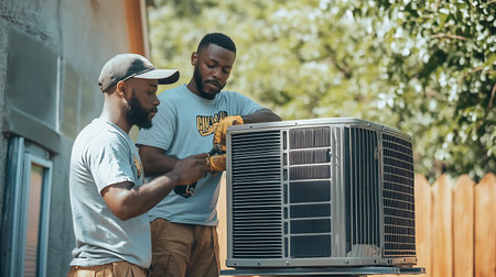 Two african american men repairing an air conditioner outdoor.の素材