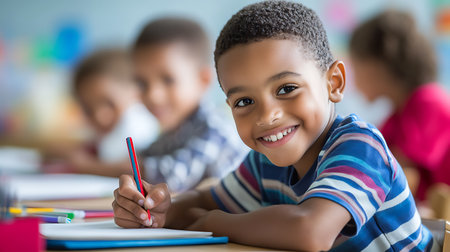 Portrait of smiling african american schoolboy drawing in classroomの素材