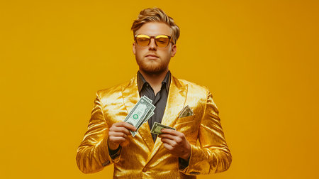 Handsome young man in golden jacket and sunglasses with money on yellow backgroundの素材