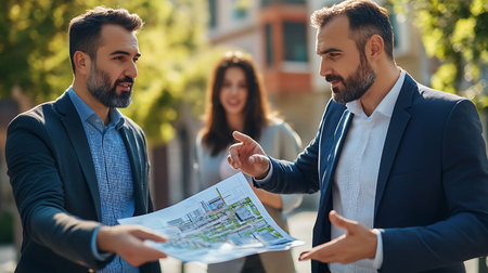 Businessman and businesswoman are looking at the map and smiling while standing outdoorsの素材