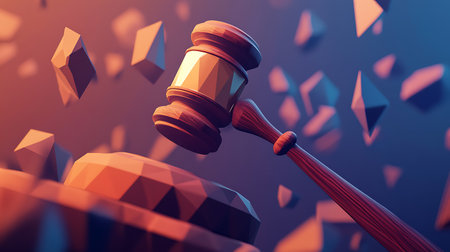 Judges gavel with low poly background. 3D Renderingの素材