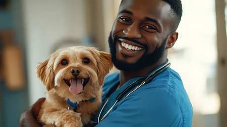 smiling african american veterinarian with cute dog at vet clinicの素材