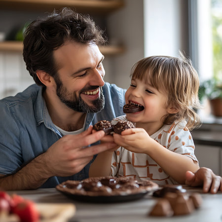 happy father and son eating chocolate muffins at table in kitchen at homeの素材