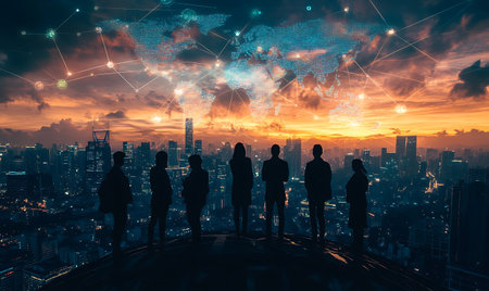 Silhouettes of business people against night cityscape and network connection conceptの素材
