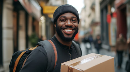 smiling african american delivery man with parcel box in cityの素材