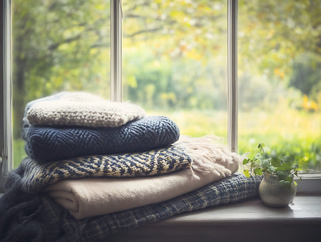 Stack of knitted warm sweaters on windowsill. Cozy home conceptの素材