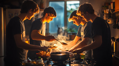 Group of friends cooking together in the kitchen at home. Selective focus.の素材