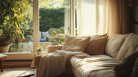 Sofa and pillows on window sill in cozy living roomの素材