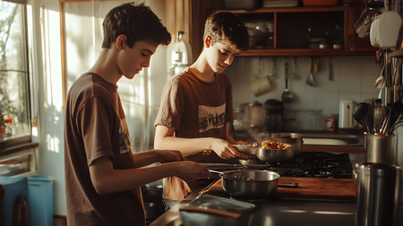 Two young men are cooking together in the kitchen at home. Men are preparing food.の素材