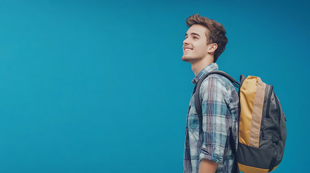 Young man with a backpack on a blue background. Copy space.の素材