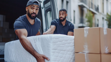 delivery service, relocation and people concept - young man with boxesの素材