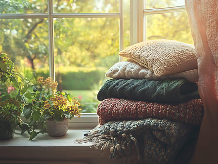 Pile of knitted pillows on windowsill. Cozy home interiorの素材