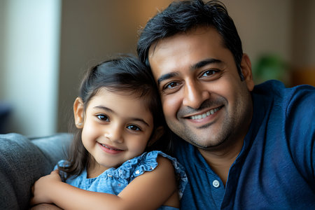 Portrait of happy Indian father and daughter sitting on sofa at homeの素材