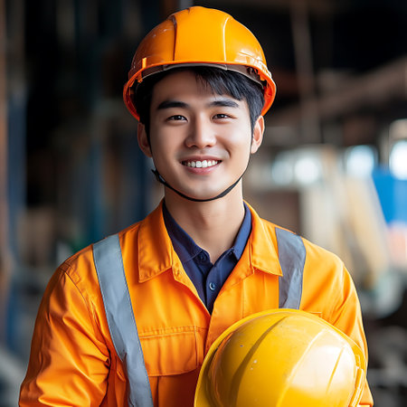 Portrait of young Asian male worker in safety helmet smiling and looking at camera.の素材